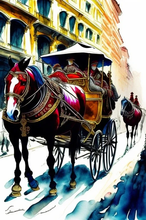 Fiacre, carriage with two horses in Vienna. Aquarell, light colours