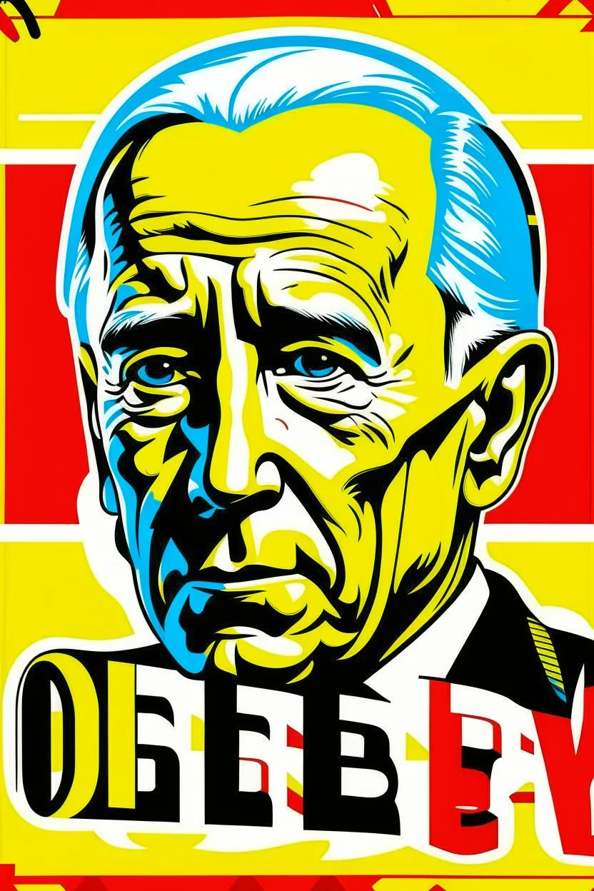 stylized stencil portrait of Joe biden in solid red, beige and (light and dark) blue with the cyrillic word "obey" overlaid on the bottom of the image in yellow