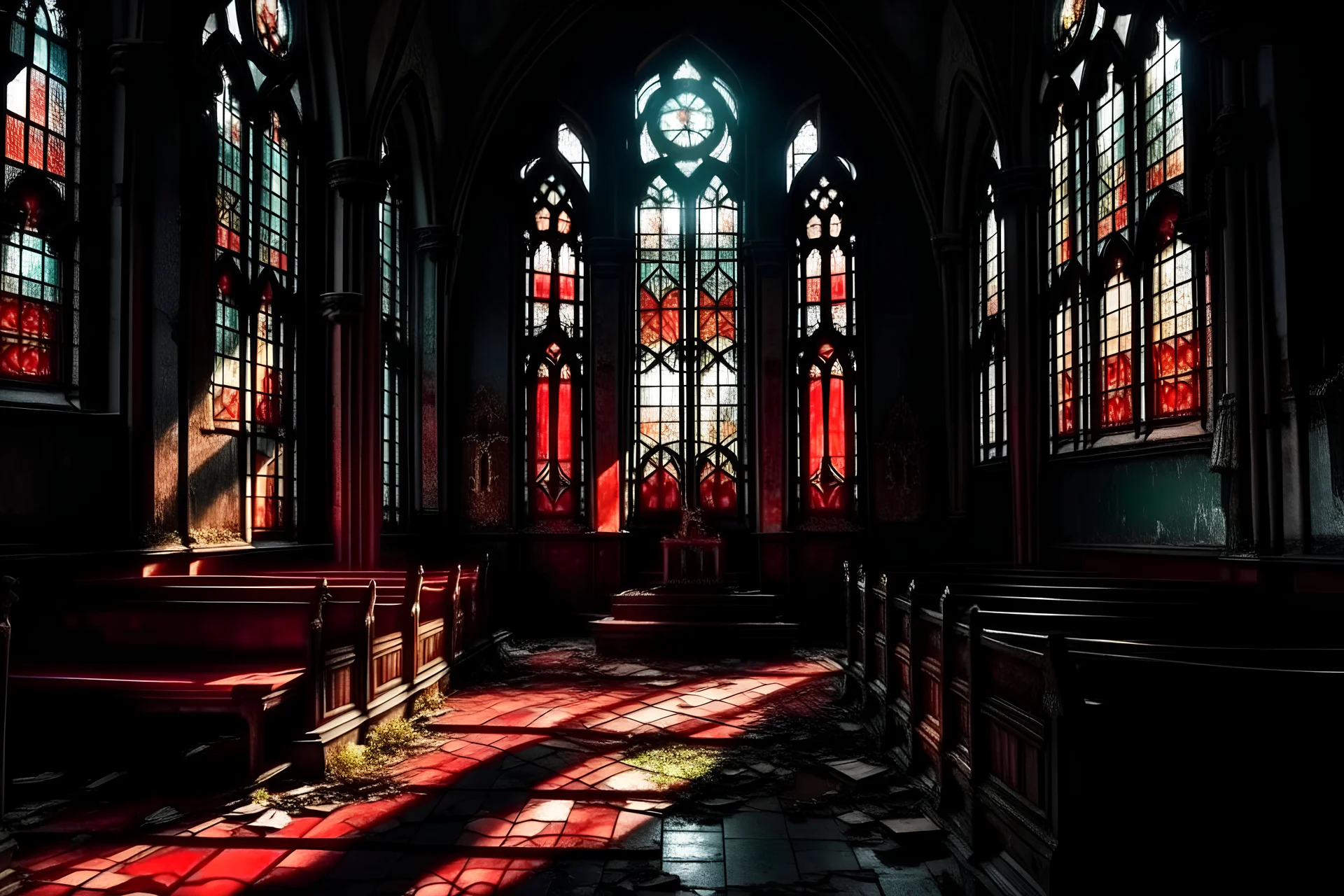 Помещения старой заброшенной темной церкви с красными витражами, алтарь. Стиль комикс