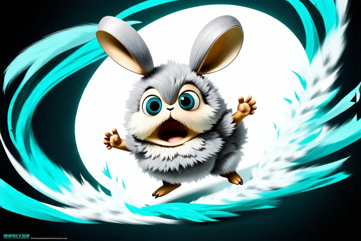 cute dust bunny fizzgig character being swept into a magical wind vortex, fluffy gray detailed fur texture, dirty, oversized expressive eyes, open mouth panic afraid expression, dynamic diagonal motion pose, limbs reaching forward, body tilted in perspective, sense of speed and motion, flowing translucent teal and aqua wind ribbons, spiraling air currents forming a curved arc, soft tornado funnel in the top corner, painterly semi-transparent wind, 3d puppet