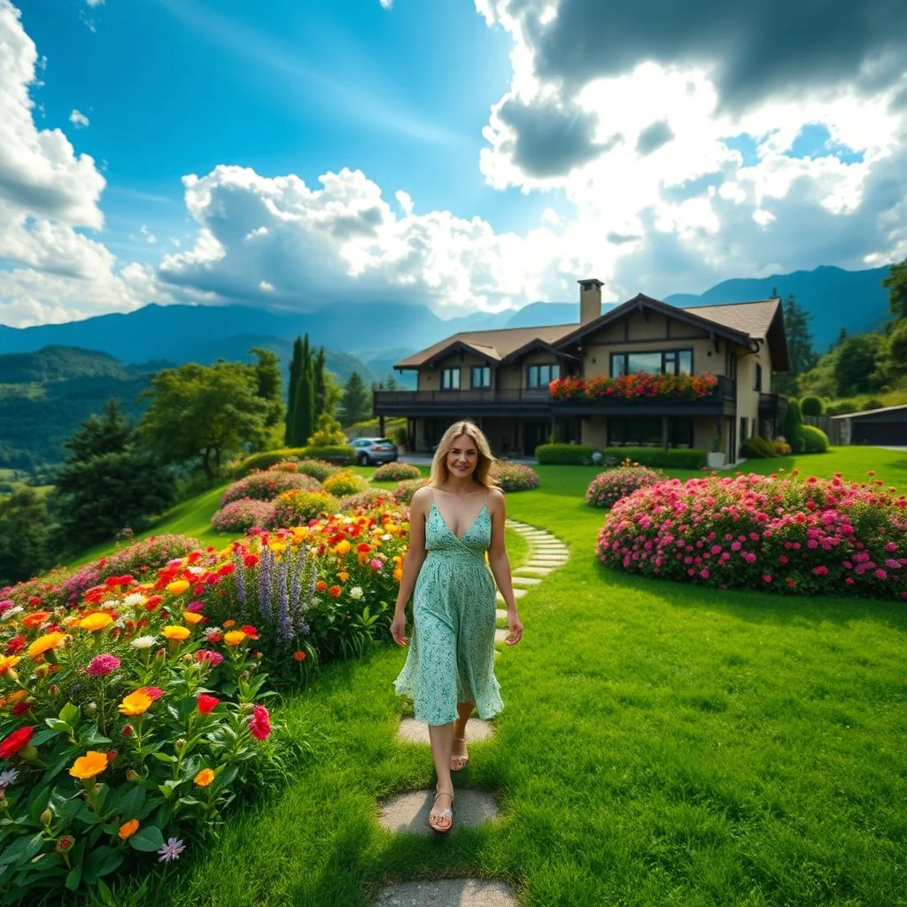 a luxury villa in beautiful Green hills covered with flowers colorfull ,blue sky heavy clouds with godray ,very nice flowers at closeup ,wonderfull mountains at distance,beautiful lady walking to camera in front of villa