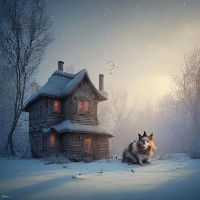 SAD, SCARED, LONELY DOG TIED UP OUTSIDE WITH A HOUSE IN BACKGROUND, WINTER, 8k resolution, high-quality, fine-detail, intricate, digital art, detailed matte, volumetric lighting, illustration, 3D octane render, brian froud, howard lyon, selina french, anna dittmann, annie stokes, lisa parker, greg rutowski