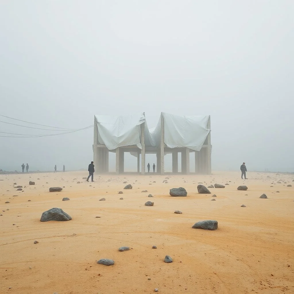 Photograph, wasteland, bright reflective aluminum cover, seaside, fog, brutalist concrete architecture, people, room, rocce, grey sky, winter, liquid, polvere, red spot, open air museum style, wires, apparecchi elettronici, powder, minimalist, details of the dust very accentuated, deep 3d field