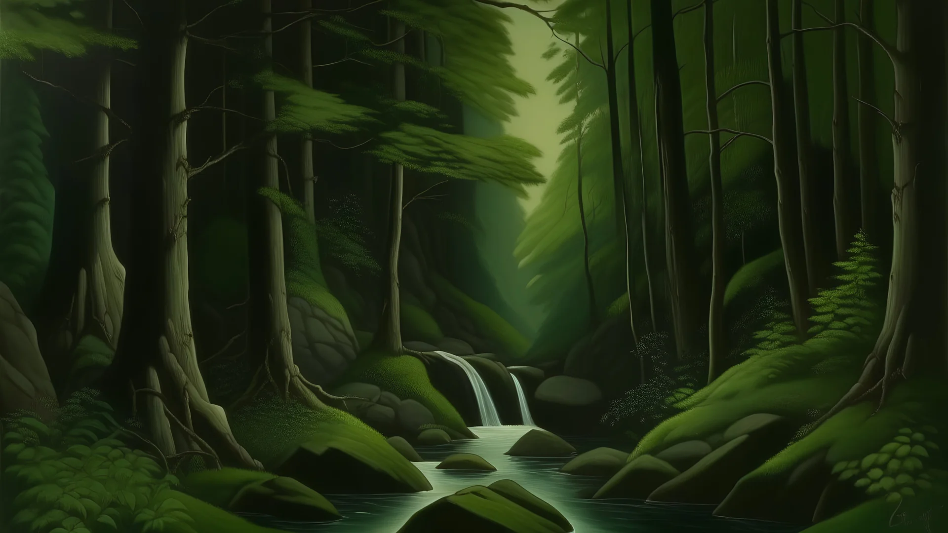 A dark green woods with a serene waterfall painted by Henry-Robert Brésil