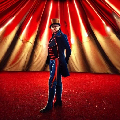 circus ringmaster standing alone inside dark circus tent, garish red coat, desolate, 1800s, chiaroscuro lighting , 8k UHD, matte painting, illustration, renaissance, artwork, high-quality, intricate detail, dark circus, night circus, creepy, rocco, greg rutowski, howard lyon, alphonse mucha