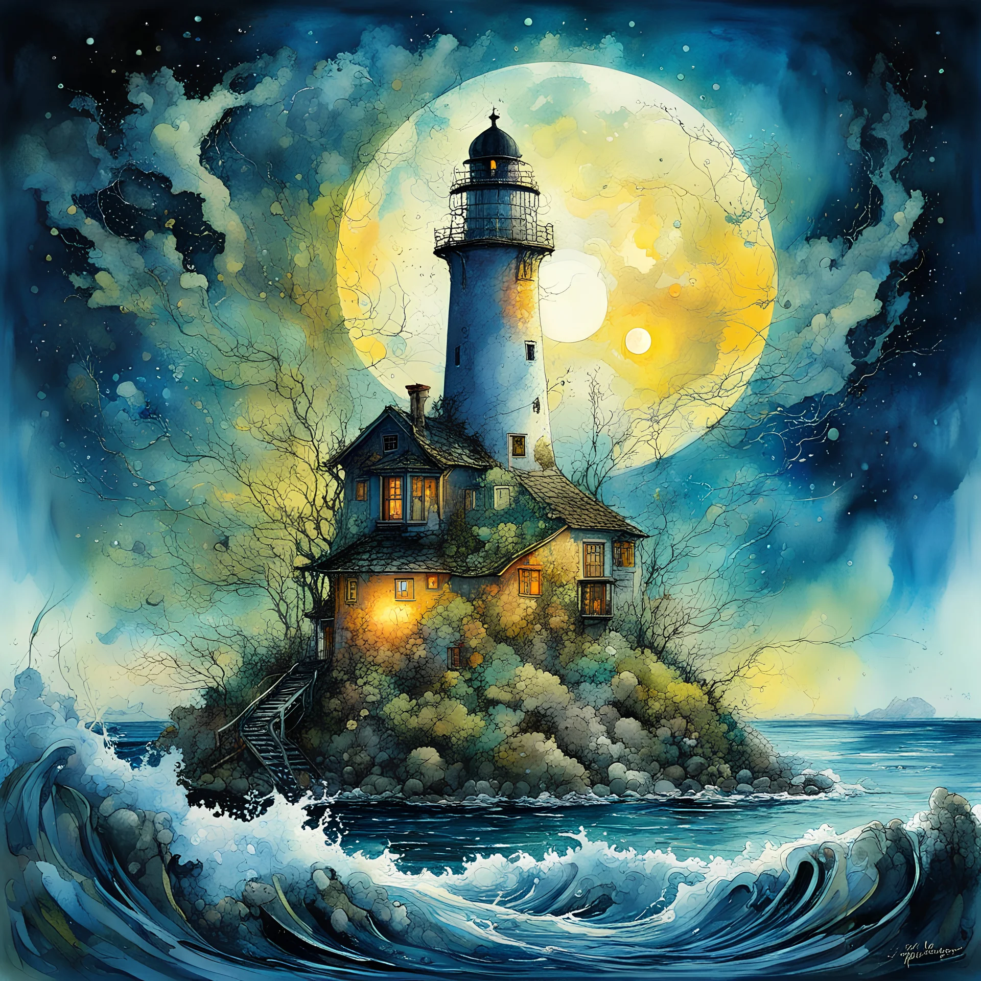 thouse landscape splashy Watercolor, by Josephine Wall, Pascal Campion, by Carne Griffiths, full moon, lighthouse beacon light glare effect, chaotic cinematic pastel colors, expansive, UV reactive blacklight, acrylic, high contrast, colorful polychromatic, ultra detailed, ultra quality, perfect Wide long-shot visual masterpiece, splash art, dramatic stormy night