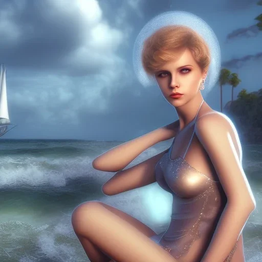 Aaron Carter with sexy Clara Bow, stormy seas, two people, Aaron Carter, romance, romantic, water, swimming, DAZ3D, by Michael Turner, soft lips, cinematic lighting, studio lighting, shine, 4K, fantastic view, girls at beach with her.