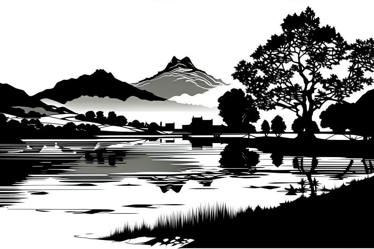 silhouette white background of beatuful scenic picture lake distric cumbria from a distance scenery painting