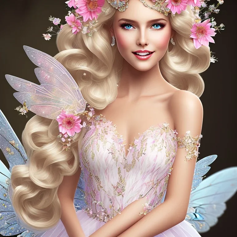 fantasy fairy with transparent wings, smiling, make up, long platinum blond hair with crown and flowers, pink dress