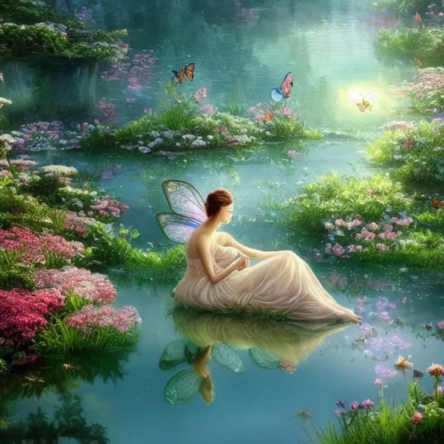 high-quality, fine-detail closeup of beautiful, stunning fairy sitting beside a clear, reflective lake, flowers, butterflies, small globes of iridescent light, tranquil, gorgeous, 8k resolution, 3D octane render, intricate, digital art, detailed matte, volumetric lighting, George Grie, Anne Dittman, Anne Stokes, Lisa Parker, Selina French,