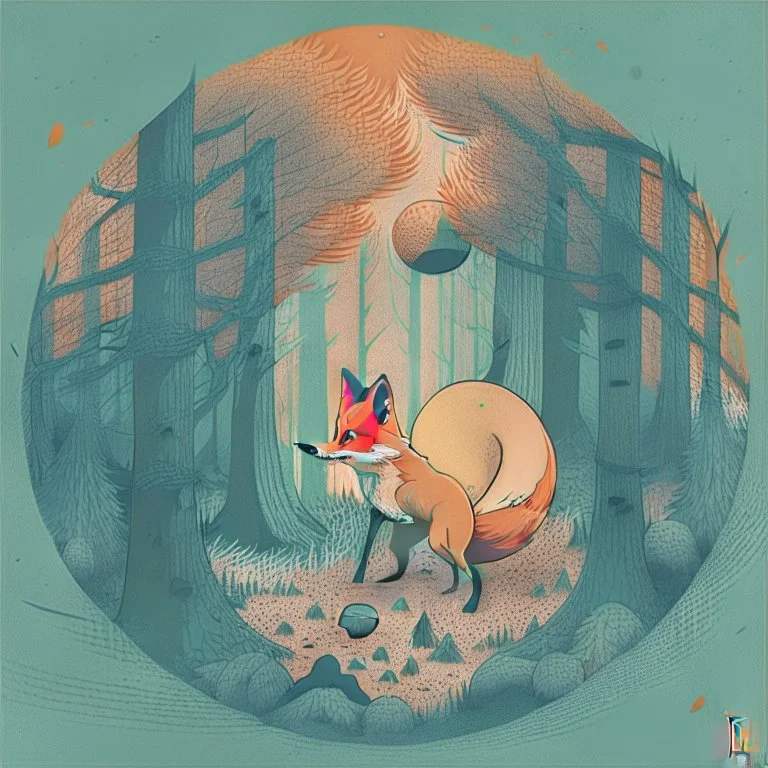 Perfect round ball fox playing inside a forest, 2d flat illustration style, mono, 6 colors max