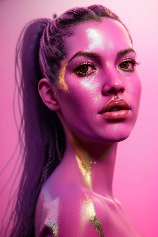 Realistic image, Rosalía artist, portrait, waist up portrait, pink black eye line, sweet, gold and pink geisha style, glow make up, led lights, neon, led piercing nose, led ornament, fog, rain, latex, vibrant color, highly detailed, art stations, concept art, smooth, unreal engine 5, god rays, ray tracing, RTX, lumen lighting, ultra detail, volumetric lighting, 3d, finely drawn, high definition, high resolution.