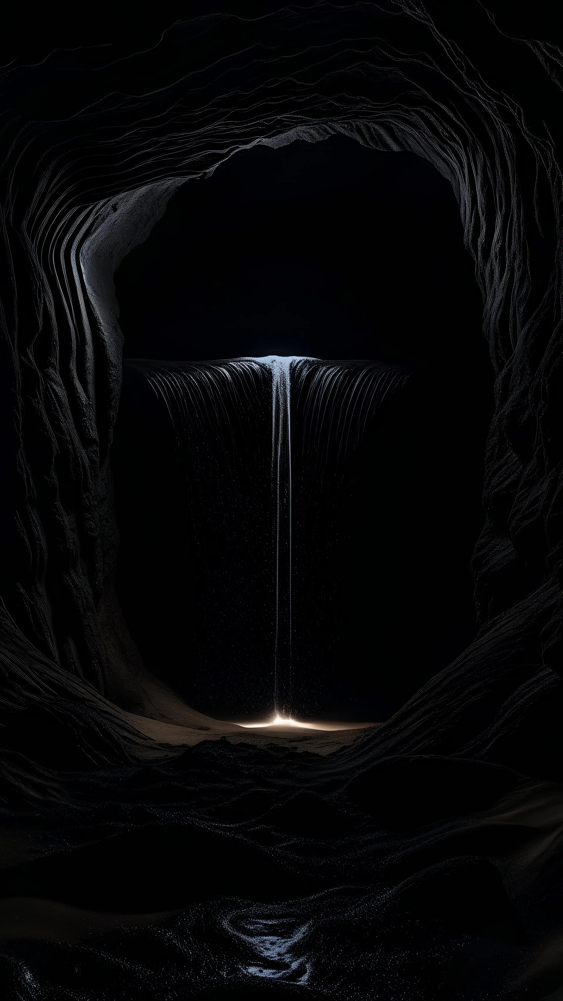 dense sand waterfall falling to into a dark cave at night