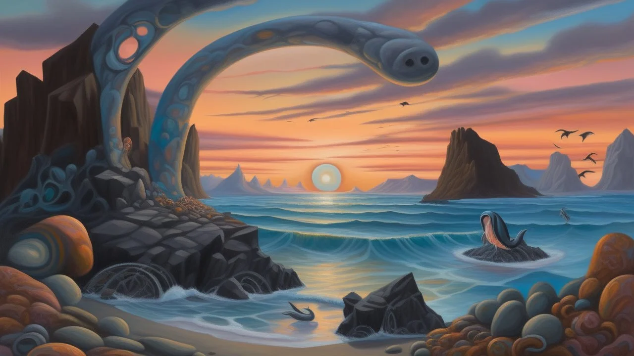 Oil painting, A surreal landscape featuring a large, open frame with a view of a coastal scene . In the foreground, a dark bird stands near round shapes resembling boulders . The background includes a sunset with soft pink and orange hues , a distant mountain range , and a blue sky with clouds . The ocean is visible, with waves crashing against the shore , creative, extremely detailed brush stroke