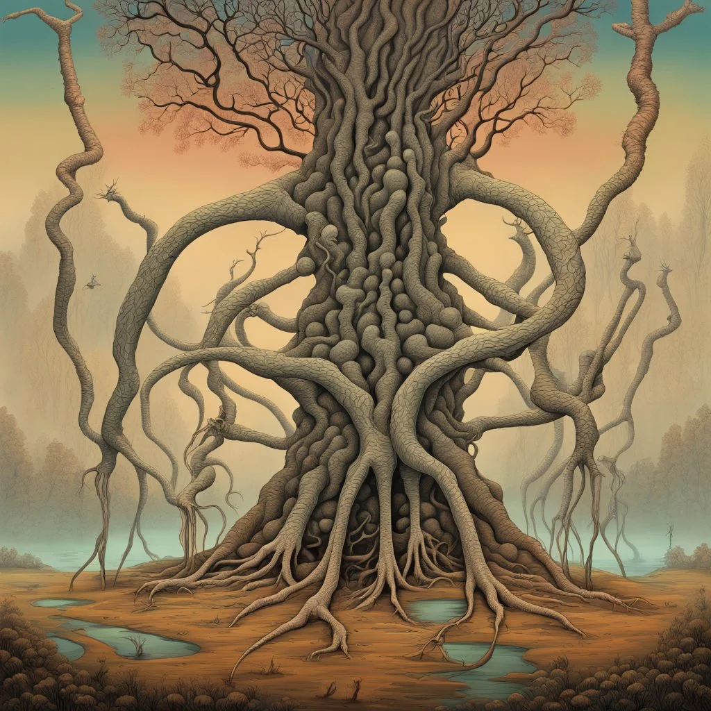 Surreal trees shaped like incredibly long-limbed and thin weird alien-like cryptids "Thins" who wrap their elastic bodies greedily around massive smartphones caught in their arm branches, surrealism, sharp focus, by Kay Nielson, by Yves Tanguy, by Andy Kehoe, sinister, otherworldly alien weird-land, sharp warm colors, art from beyond.