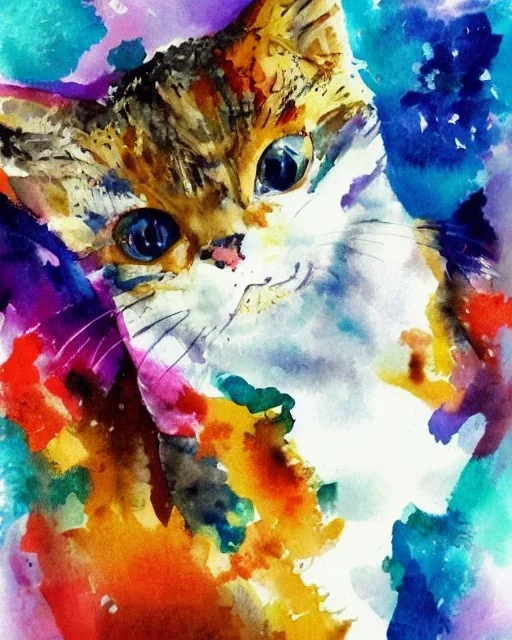 watercolor painting, cat, happy, bright color,