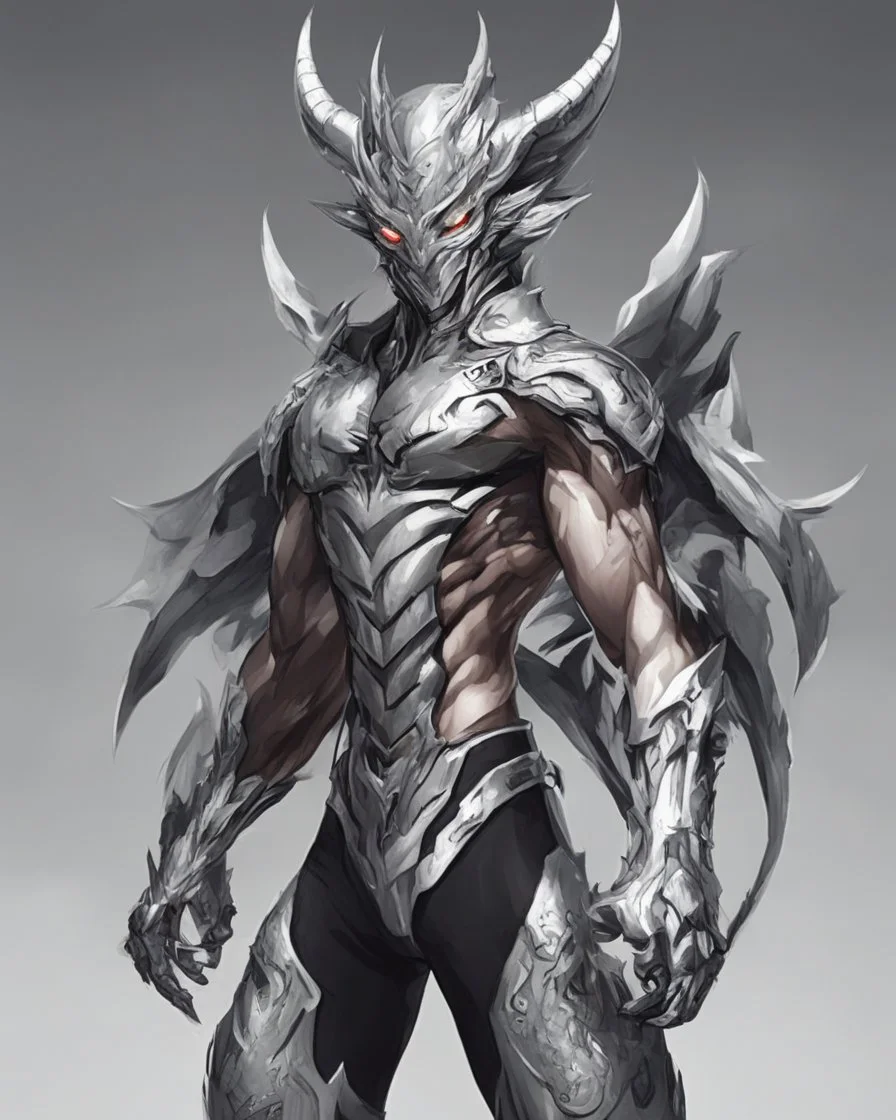 Logo silver skinned anime Dragman cyberpunk with dragon mask in his eyes full body