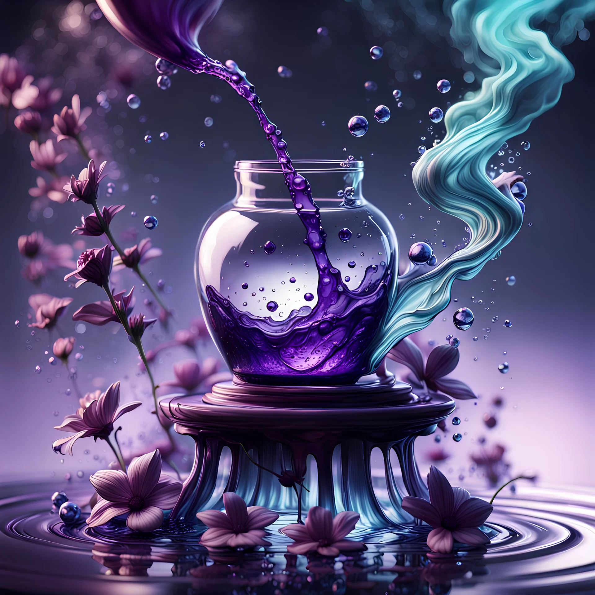 "Complex Concept art in bright colors with super-detailed textures and cinematic style: an overturned jar of purple liquid on an small ink pod. Liquid is poured onto the water with Purple flowers Tinkerbell ambient in Purple liquid. Highest quality. Three-dimensional light, light shadows, 3D lighting. Hyperrealistic, mid shot, intricately detailed, color depth, dramatic, side light, colorful background. graffiti art, splash art, street art, oil paint, oil gouache melting, acrylic, high contrast