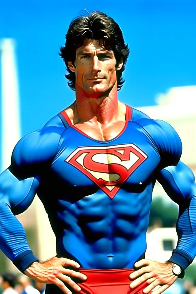 extremely muscular, short, curly, buzz-cut, military-style haircut, pitch black hair, Paul Stanley/Elvis Presley/Pierce Brosnan/Jon Bernthal/Sean Bean/Dolph Lundgren/Keanu Reeves/Patrick Swayze/ hybrid, as the extremely muscular Superhero "SUPERSONIC" in an original patriotic red, white and blue, "Supersonic" Super suit with an America Flag Cape,