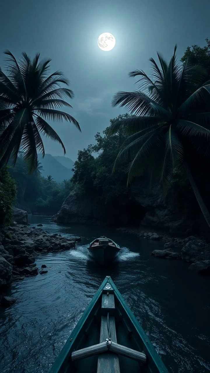 Close-up photo from the front straight. A boat in a winding rocky river below and two large coconut trees on the left and right zoom distance from the front. Even the gothic day the moonlight shines. Bright lighting.