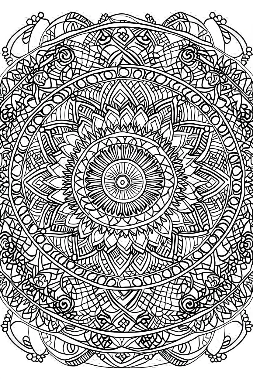 kids coloring page, mandala fully on page symmetrical, cartoon style, thick lines, low detail, no shading