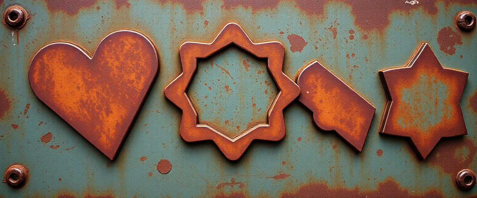 these shapes embossed in rusty metal on contrasting background