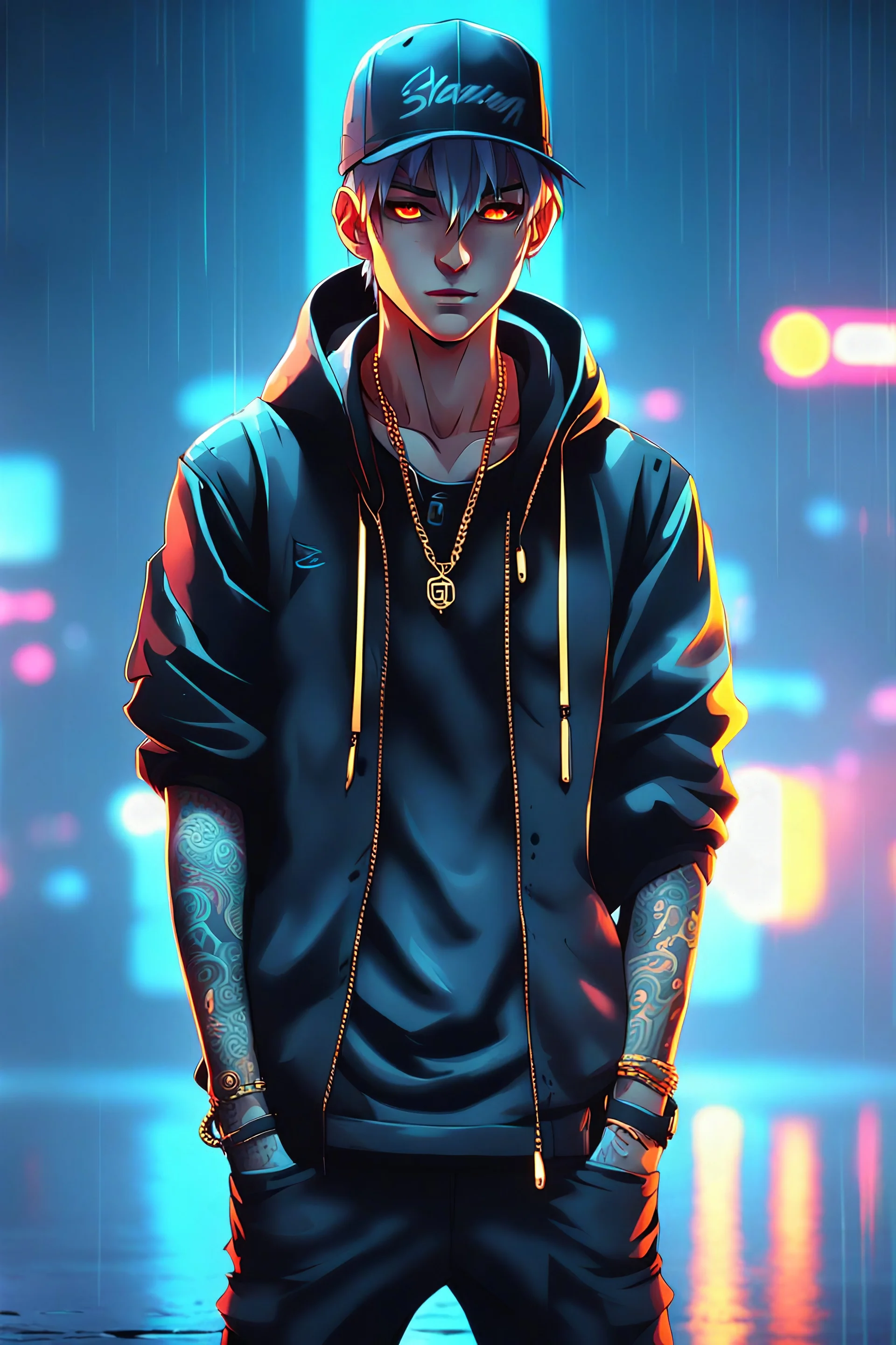 mysterious anime boywith tattoos on his face, wearing a cap, dark background with foggy floor, raining, reflections, neon, golden chain, piercings, grey hair, standing in the center of the scene, high detail, dramatic lighting, dynamic pose, stylish attire, vibrant colors, character design by Ilya Kuvshinov, cinematic, 4k resolution