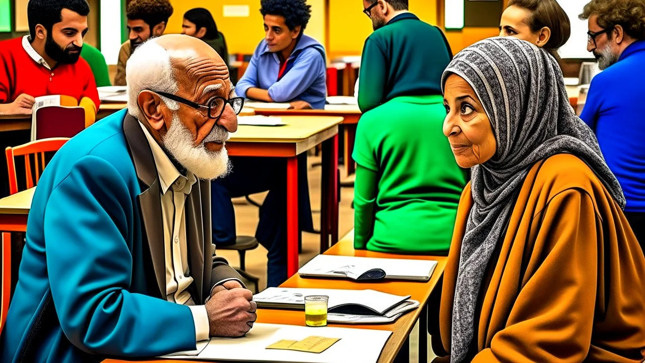 A teacher in the university cafeteria looks at an old man around the age of 60 sitting at another table next to hers, Egyptian complexion.