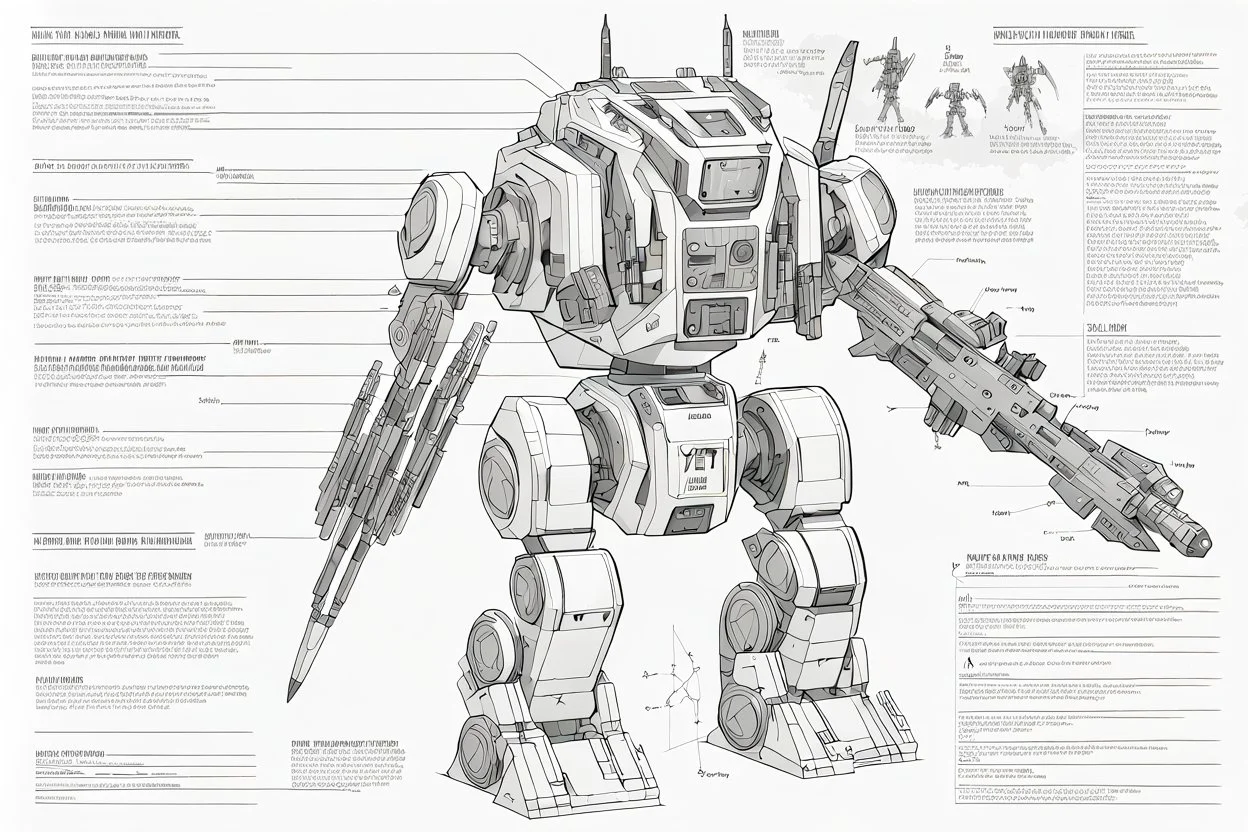 Black and white technical drawing showcasing an advanced Yeti robot with lots of weapons and defences. Annotations detail its powers and capabilities.