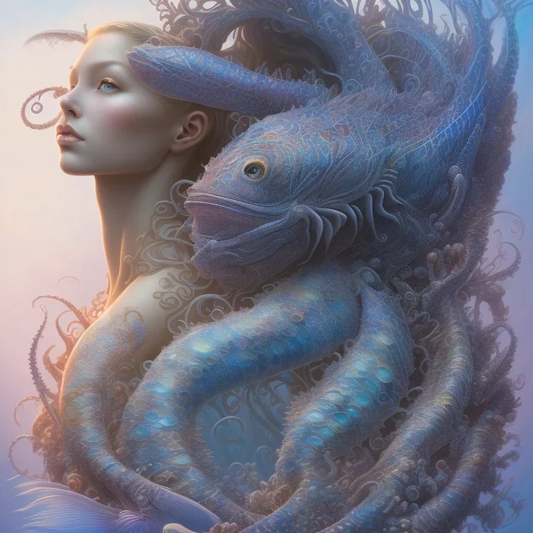 sango fantasy, fantasy magic, intricate, sharp focus, illustration, highly detailed, digital painting, concept art, matte, artgerm and paul lewin and kehinde wiley, masterpiece sexy lips Hawaiian afro lips lady body mermaid lionfish head blue space lady beach sea under water mermaid seaweed