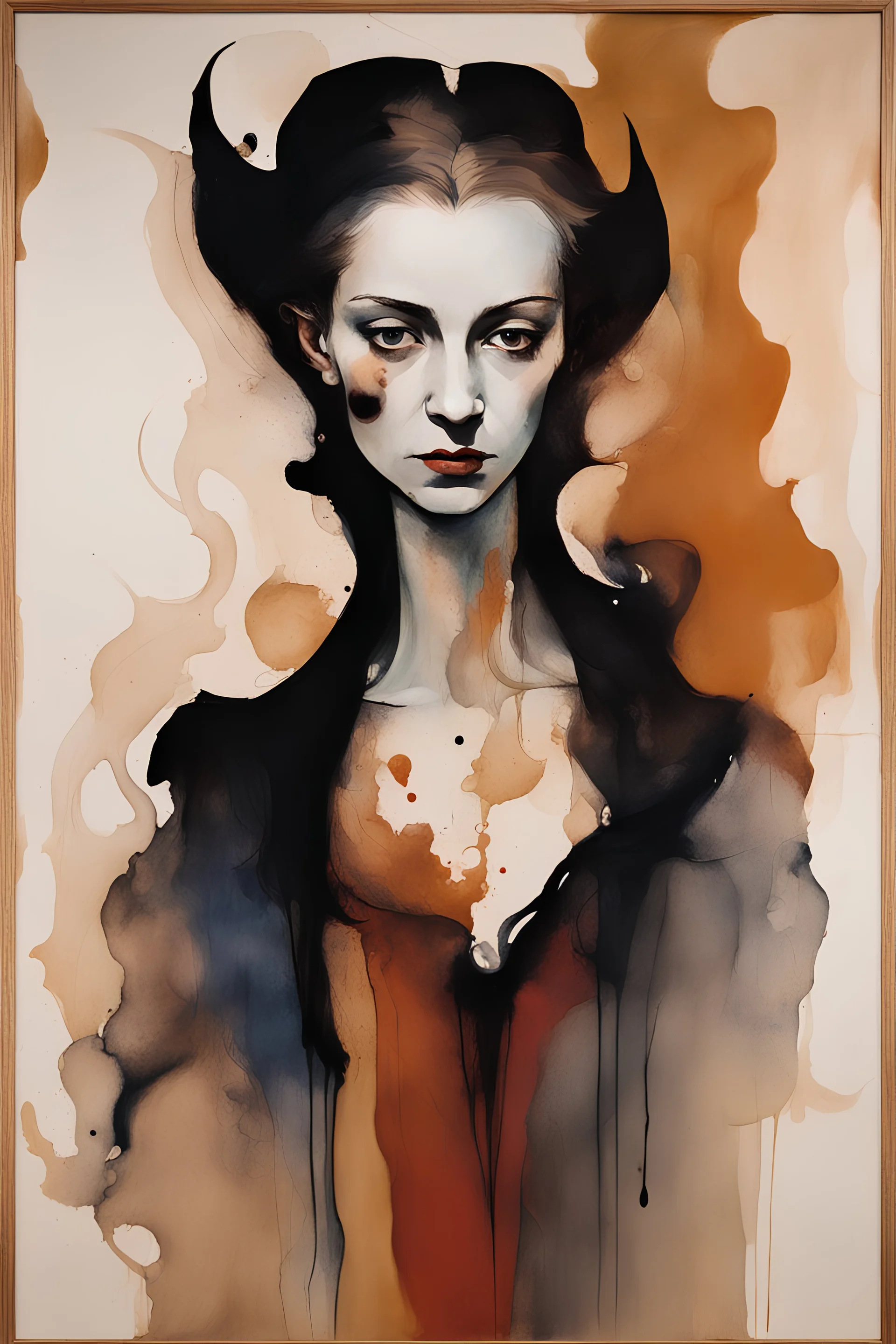 abstract 16th century portrait of a vampire sorceress with fine ink, done in the painting style of Helen Frankenthaler, rich natural colors, museum quality masterpiece.