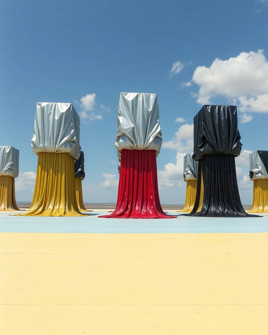 Fotografia di una superficie piatta di colore azzurro chiaro e giallo pastello, su cui si ergono alcuni gigantesche immense enormi strutture di forma indefinita, fatte di materiali vari, ricoperte da materiale plastico argentato, rosso, e nero, che scende a terra. Max Ernst, Amano, Yves Tanguy, Piet Mondrian, James Ensor, paranoic, obsessive, eccessivo, aria aperta, sole, nuvole, glossy, surreal, hasselblad h6d400c --ar 85:128 --v 6.