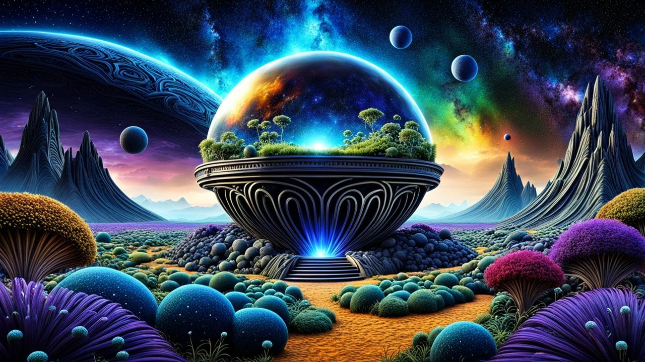 weird and unique Alien garden under the stars on alien planet, stunning metallic ball, high detailed ,deep colors, fantastical, intricate detail, splash screen, complementary colors, fantasy sci-fi, cinematic lighting, atmospheric, dark sky with stars, masterpiece, epic, stunning