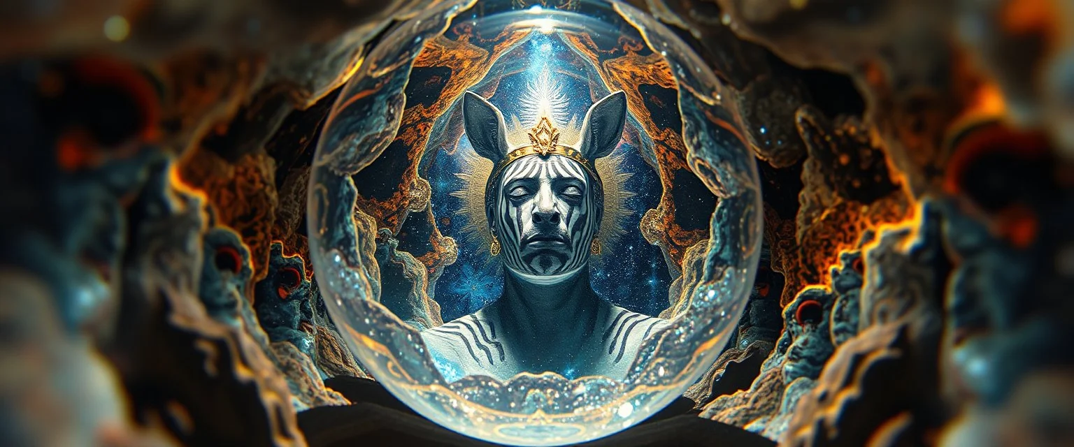 world seen from inside crystal pinhole pic into 4th dimension ,awake within a dream, portrait of ascended chakra master blaster, master oil painting by Rembrandt, escape route from our dimensions, hidden even to the zebra worm hole inside crystal ball