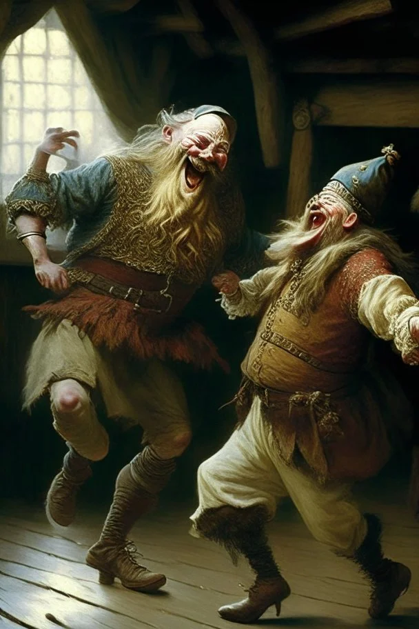 A Norwegian viking dancing a jig with Rumplestiltskin while God laughs