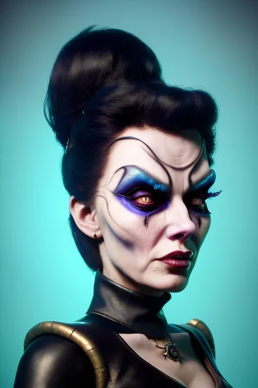 Lene Nystrøm as evil queen in black leather, busty, cleavage, voluptuous, Aqua Lene, angry, stern look. character design by cory loftis, fenghua zhong, ryohei hase, ismail inceoglu and ruan jia. unreal engine 5, artistic lighting, highly detailed, photorealistic, fantasy