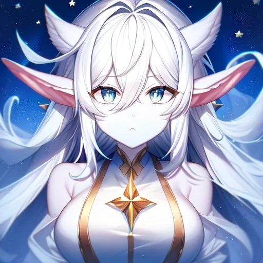 cosmic mage, elf, female, battle mage, epic, cosmic magic, long ears, white hair, face details, pale skin, jewellery, broad shoulders, sharp ears, cosmic clothes, cosmic eyes, ears shown, light out of eyes, the cosmos in eyes, stars in eyes, shining eyes, non human face, thin face, animation, detailed ears, magical eyes, non realistic, closed mouth, bigger make up, smiling face