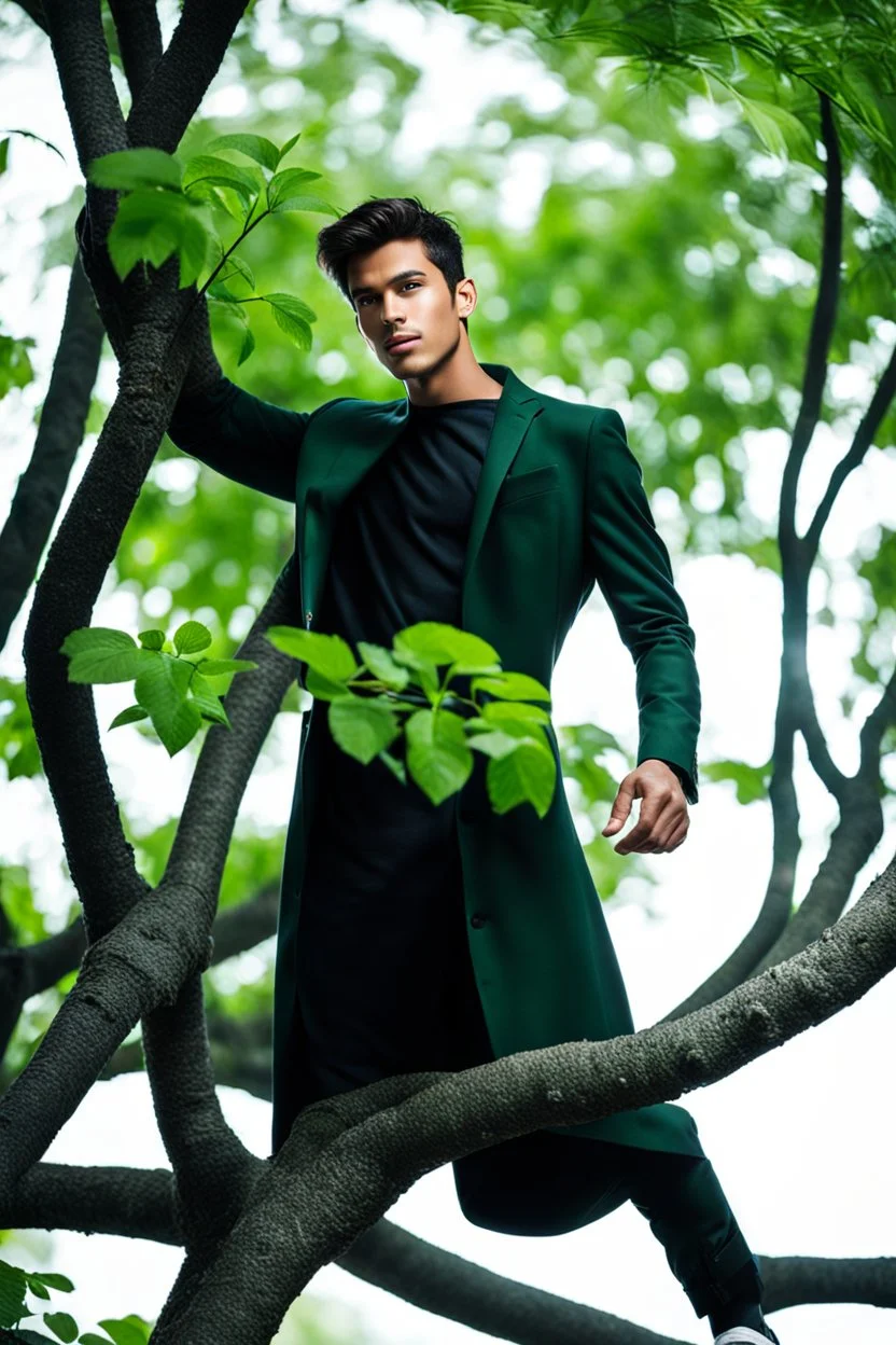 fullbody shot of young-man-with-a-perfect-face standing in green trees