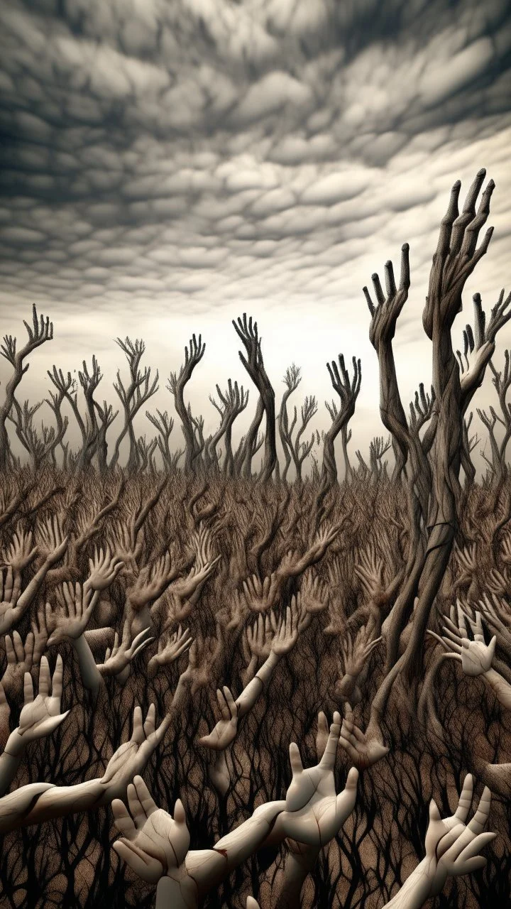 a field of thousands of hands of bodies rising up from the ground not visible, horror, hands in different shapes coming out from the ground towards the sky Busch painting style nightmare and thin line draw, a dry tree no leaves only branches