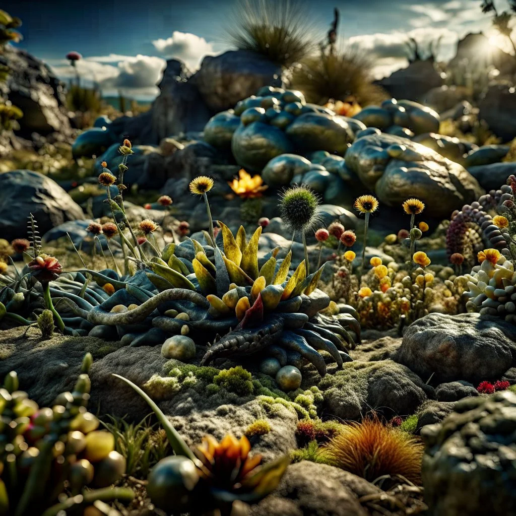 A striking photograh close-up captures a hyperrealistic wasteland with group of plants and rocks. Magnificent. National Geographic image. Volumetric light. Bathed in intense light, small reptiles, eerie, giant black sun, 8k, deep 3d field, nice flowers, rock formations, strong texture, extreme detail, intricate, colours, rich moody colors, 33mm photography, details of the flowers and rocks very accentuated, not grainy