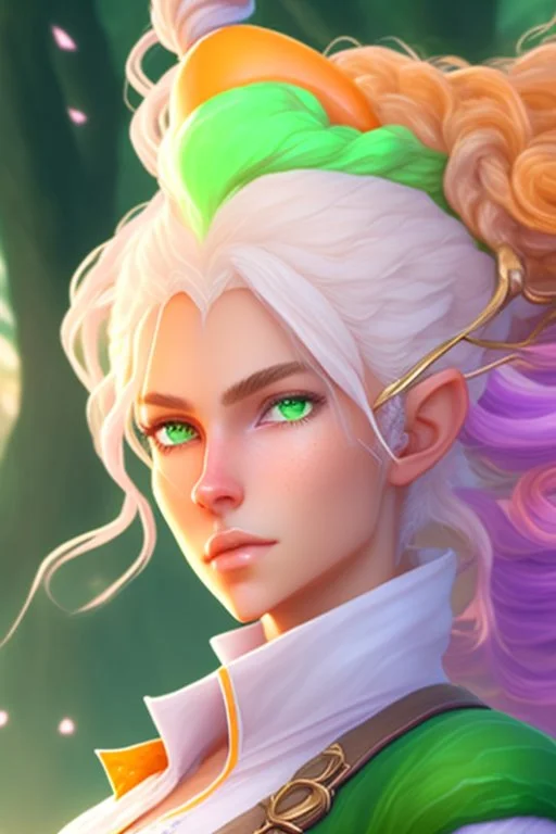 fantasy setting, woman ranger traveler with orange and white hair, pastel green eyes, kind, soft facial traits