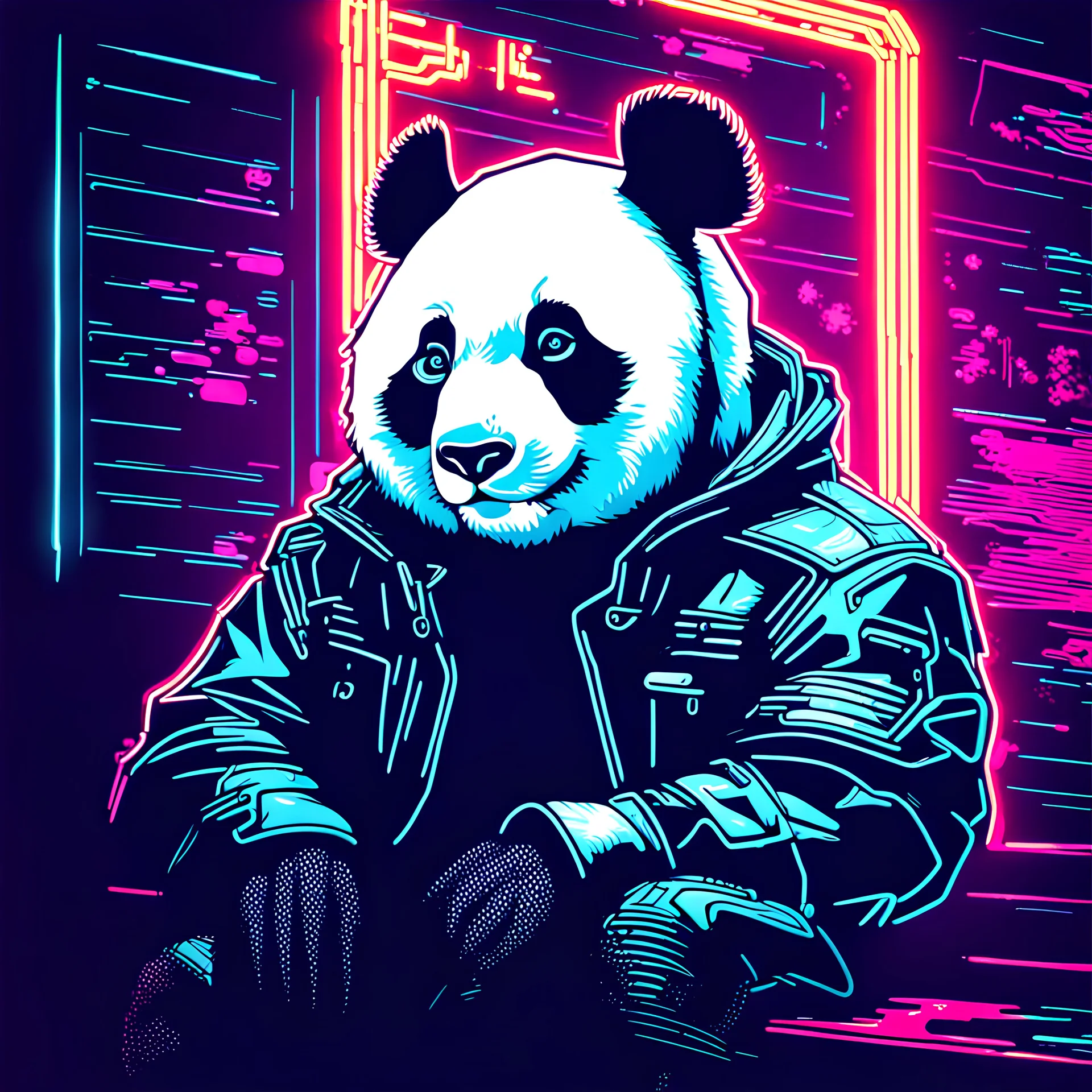 a portait of a panda, cyberpunk, neon lights, neon signs