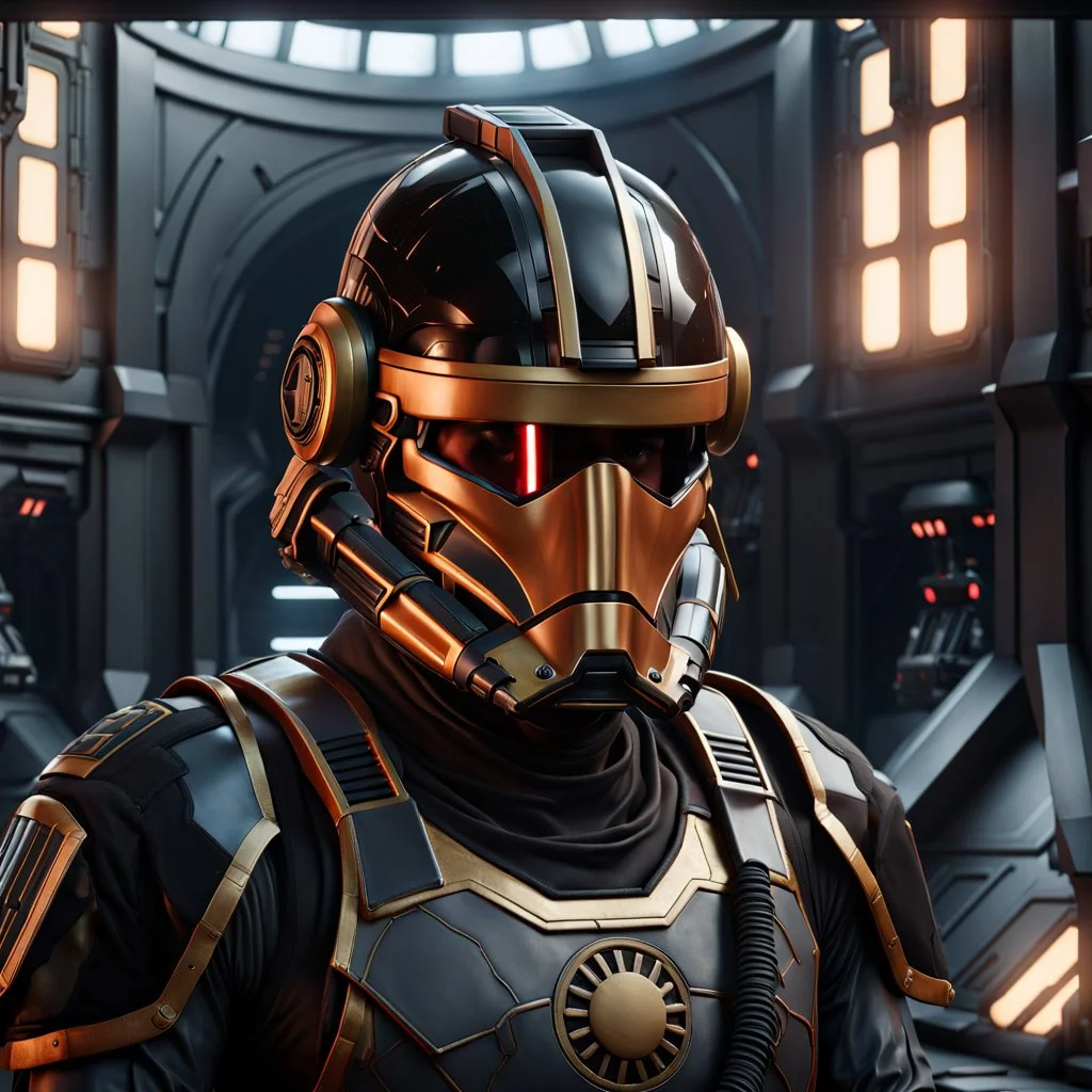 star wars bald male corellian pilot wearing pearlescent black and gunmetal grey First Order special forces heavy assault stealth commando armor and helmet with gold trim inside the jedi temple, hyperdetailed, dynamic lighting, hyperdetailed background, 8k resolution, volumetric lighting, light skin, fully symmetric details