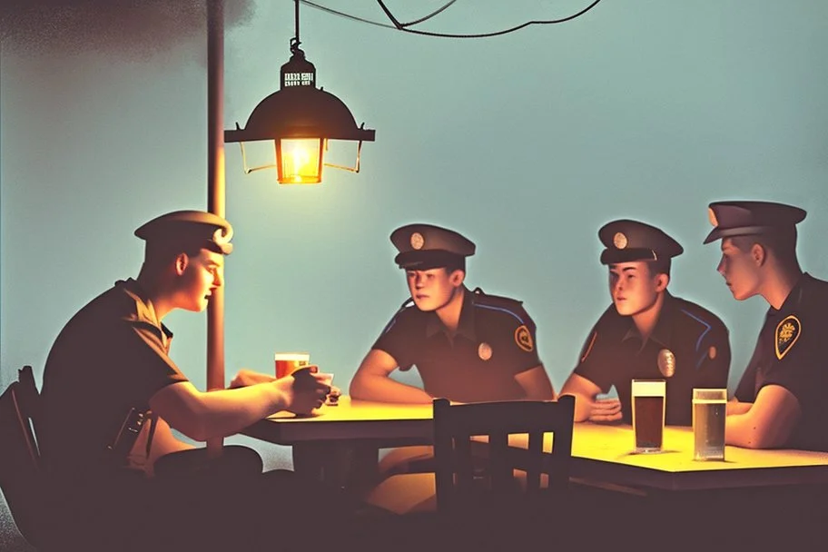 Smoky pub, cheerful young men drinking around a table, a policeman looking thoughtfully at the ID card of one of the boys, lantern light