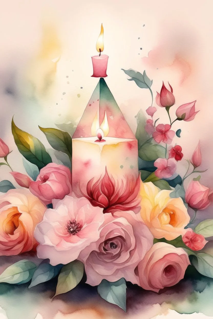 MAGIC A PYRAMID CANDLE IS BURNING AROUND WONDERFUL FLOWERS English watercolor, Smoky cream, pale gray, pale pink, pink background. bright light, a bouquet of roses on the table are pale pink, pale bordeaux, white, ochre. green stems, the light is translucent. Watercolor, fine ink drawing,