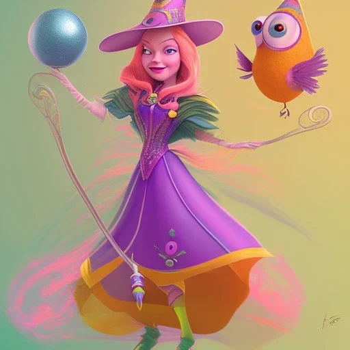 A pink witch, an orange witch, a yellow, a green witch, an aqua witch, a navy witch, a purple witch pixar style