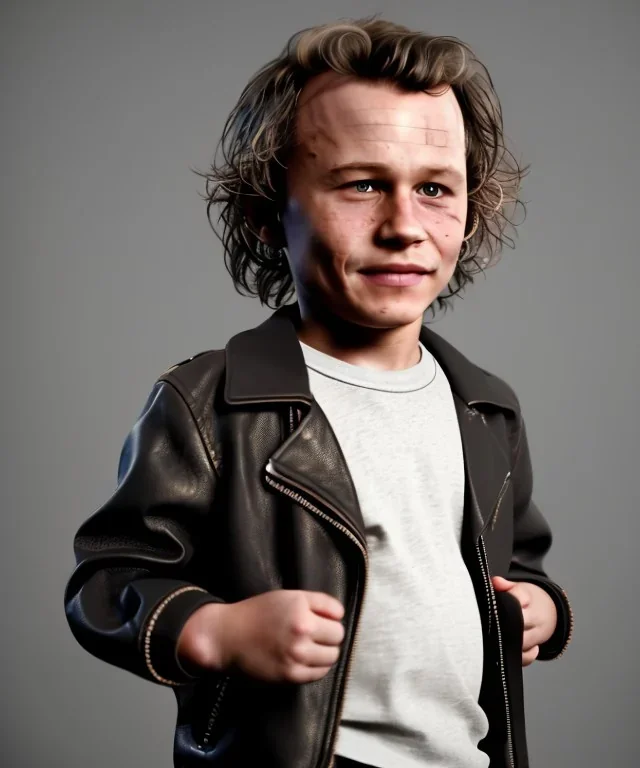 Heath ledger toddler, full body, leather jacket, soft skin, dramatic lighting, hyper realistic