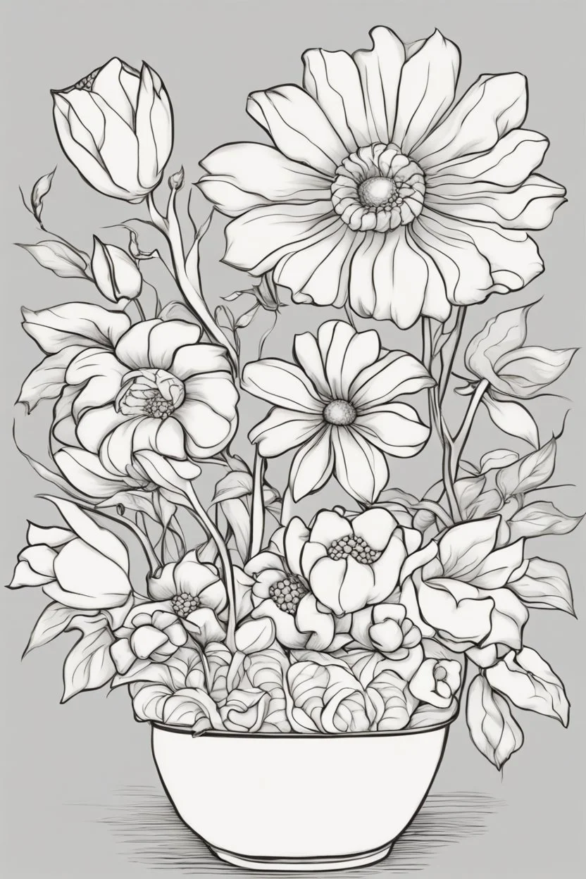 outline art of flowers in basketonly black and white, no colour , White background. sketch style, clean line art, white background, no shadow and clear, no people, no colour, for book