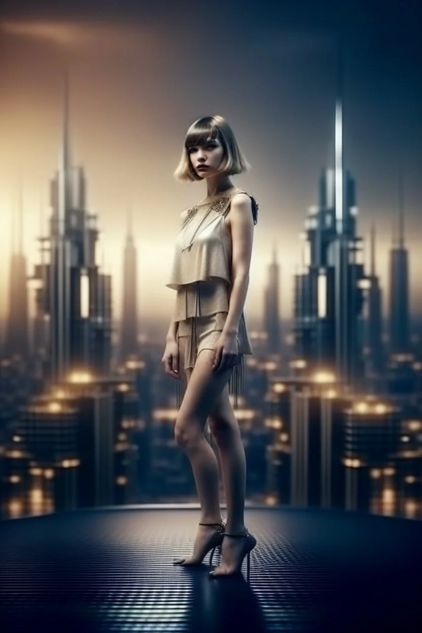 full body picture of a skinny woman with a bob, a fringe hairstyle, 1920s flapper clothing, futuristic city background