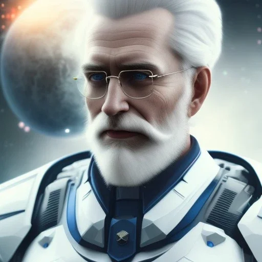 handsome cosmic man, white hair in the wind, blue eyes, white beard, no moustache, large forehead, scifi suit, perfect composition, super detailed, 8k, high quality, intricate details, highly detailed, lights in background, octane render